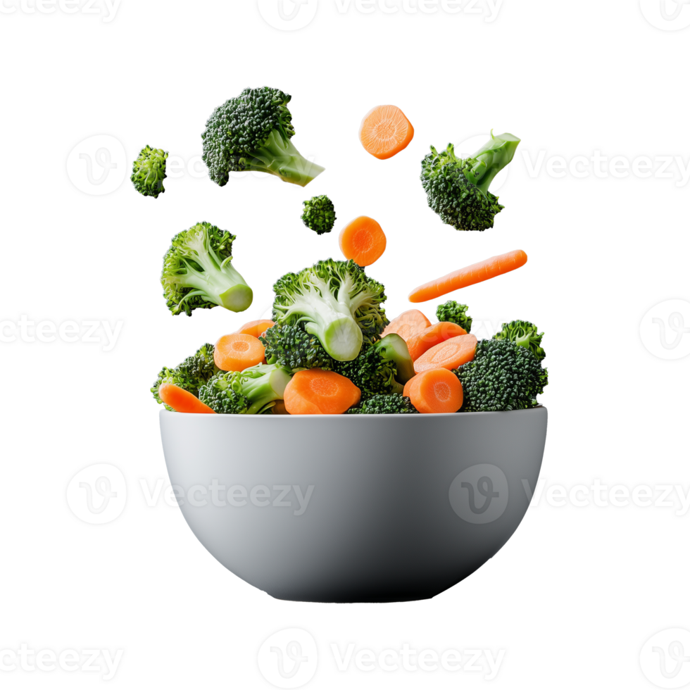 Fresh broccoli and carrot salad in white bowl on transparent background png