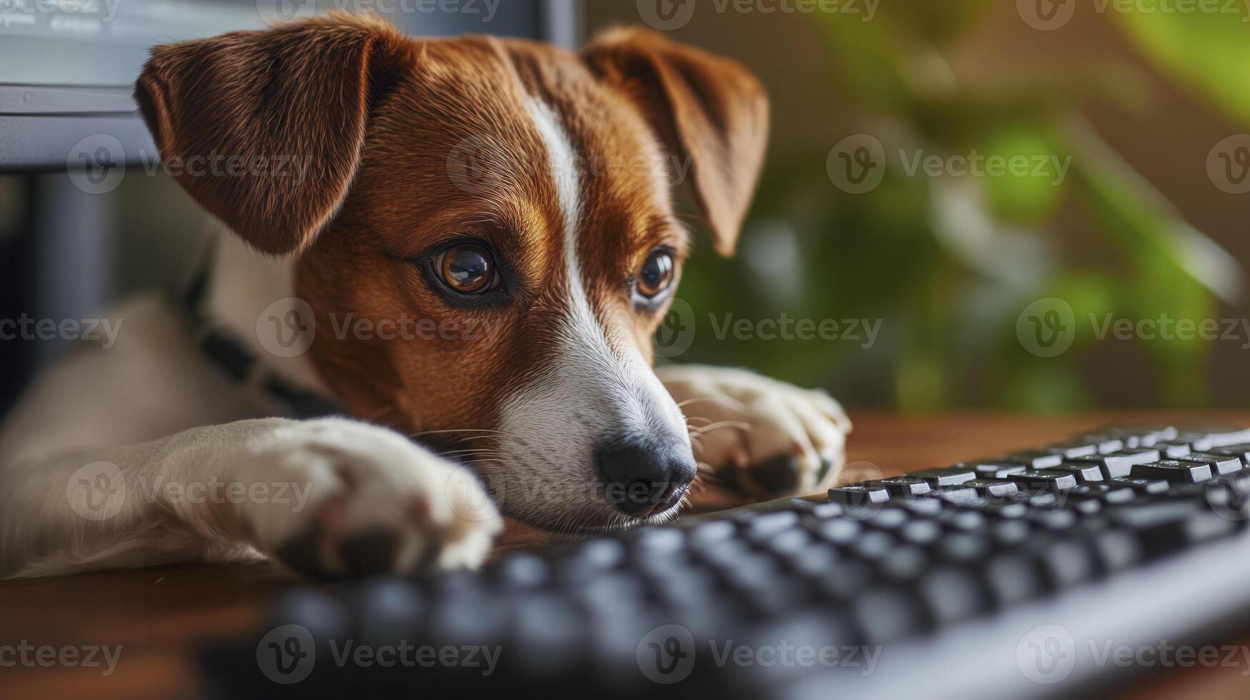 Curious dog intently gazes at computer keyboard while perched on a desk in a cozy indoor setting during daylight photo