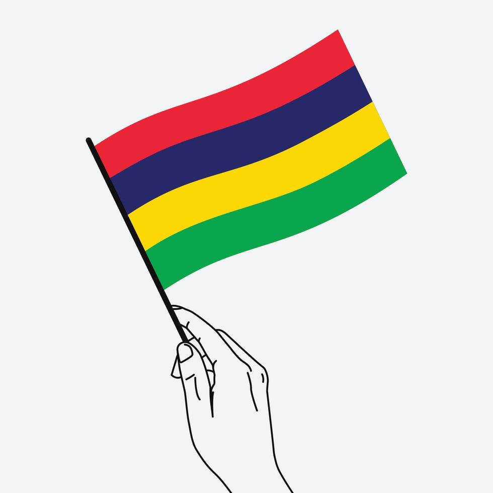 Hand holding Mauritius flag in line art drawing style. Mauritius hand Flag waving. illustration vector