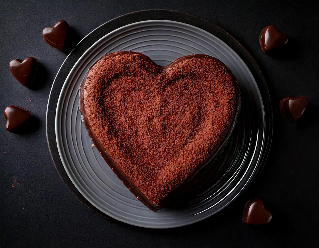 Generated imageHeart shaped chocolate cake, valentine concept, food photography photo