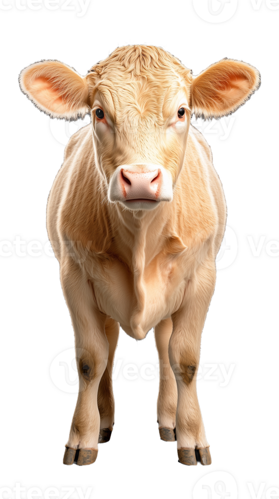 Young brown cow standing facing forward on transparent background png