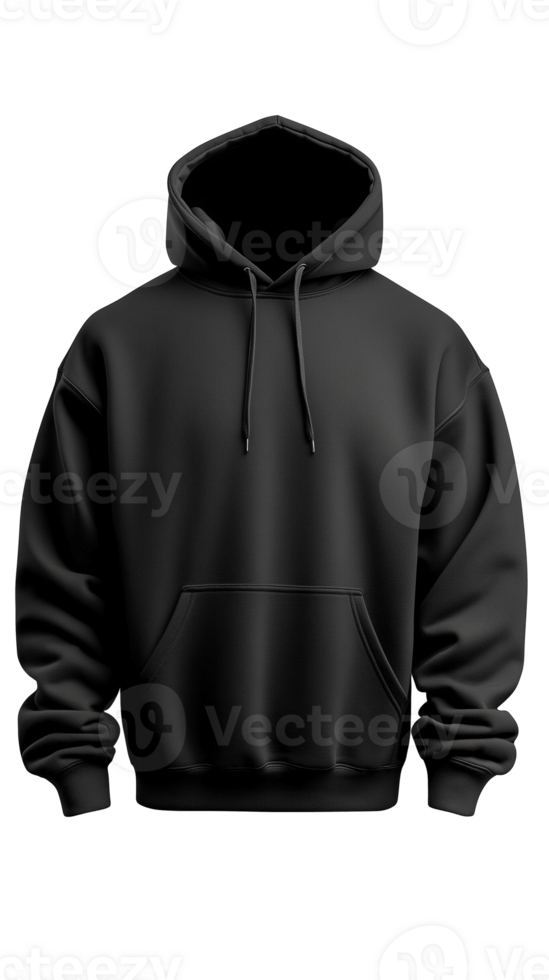 Black hoodie with drawstrings and front pocket on transparent background png