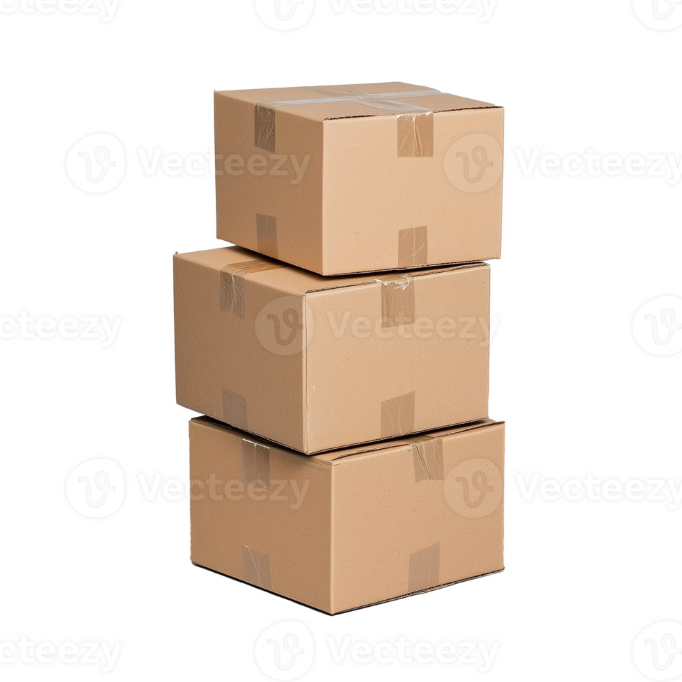 Stack of three cardboard boxes for shipping on transparent background png
