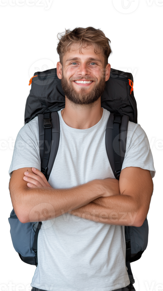Smiling backpacker with arms crossed on transparent background png