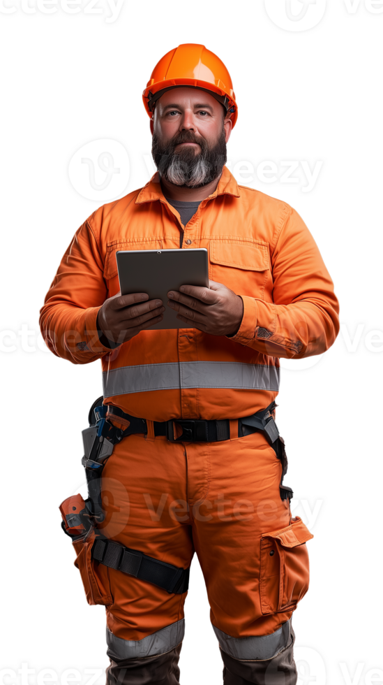 Construction worker using tablet for site management on transparent background png