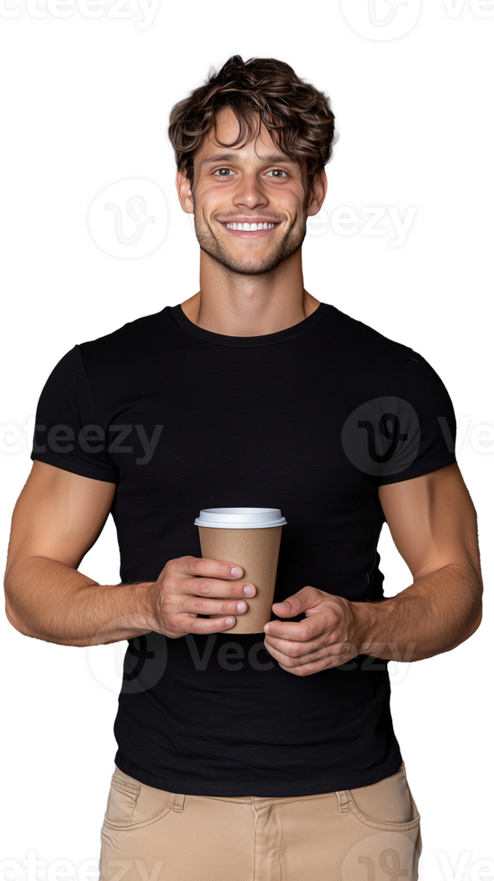 Smiling man holding coffee cup on transparent background png
