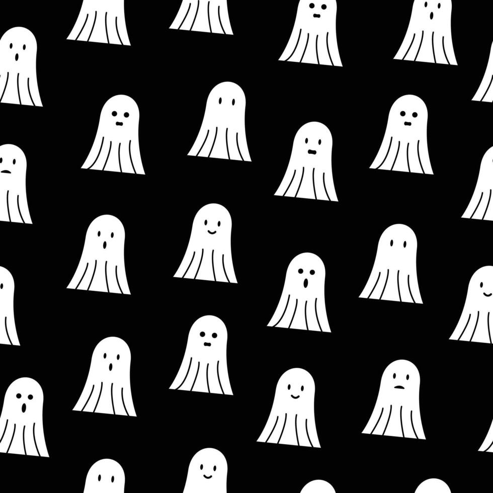 cute white ghost doodle seamless pattern background with different face expressions, smile, sad, disappointed, happy, laughing, surprised. Black background vector