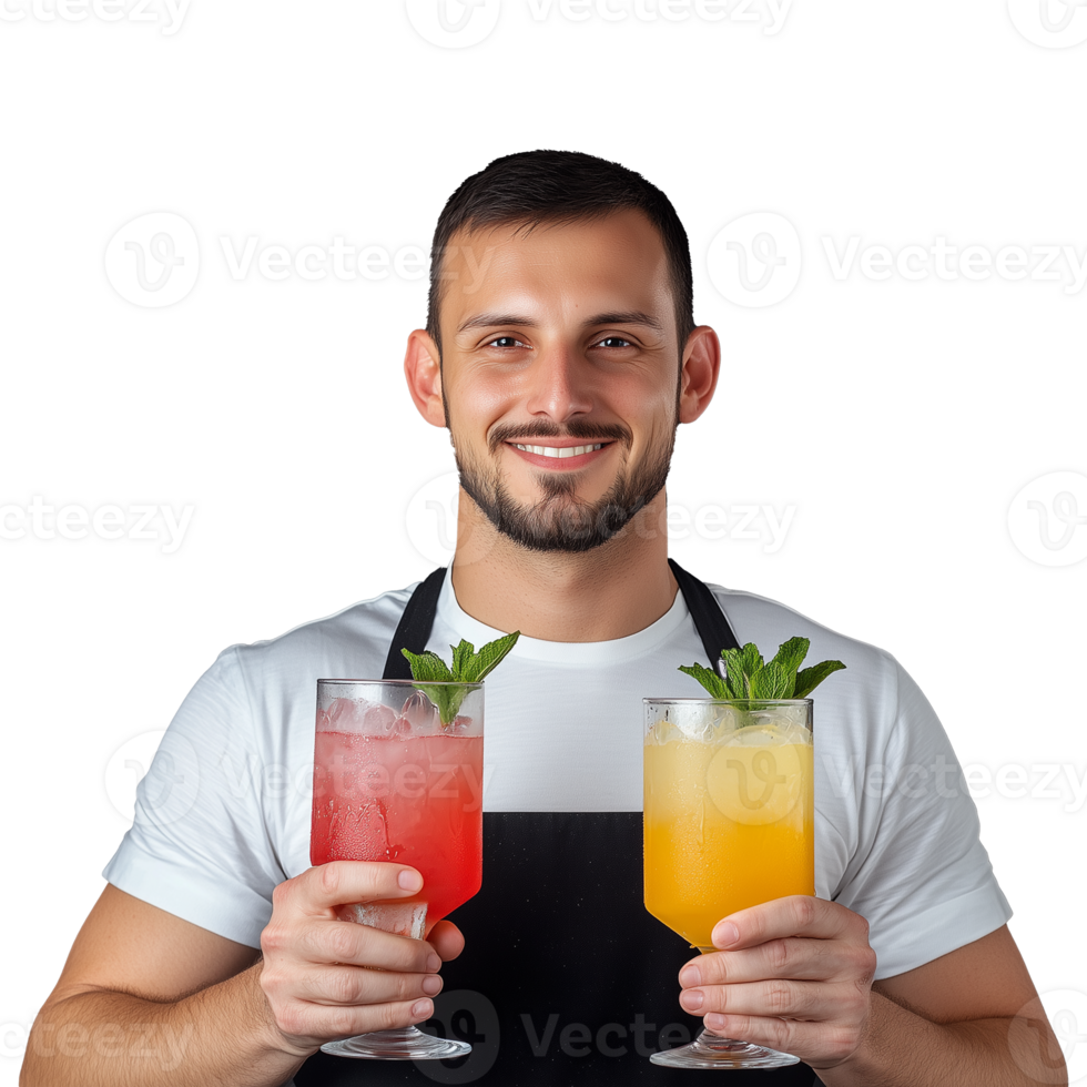 Smiling bartender holding colorful cocktails on transparent background png