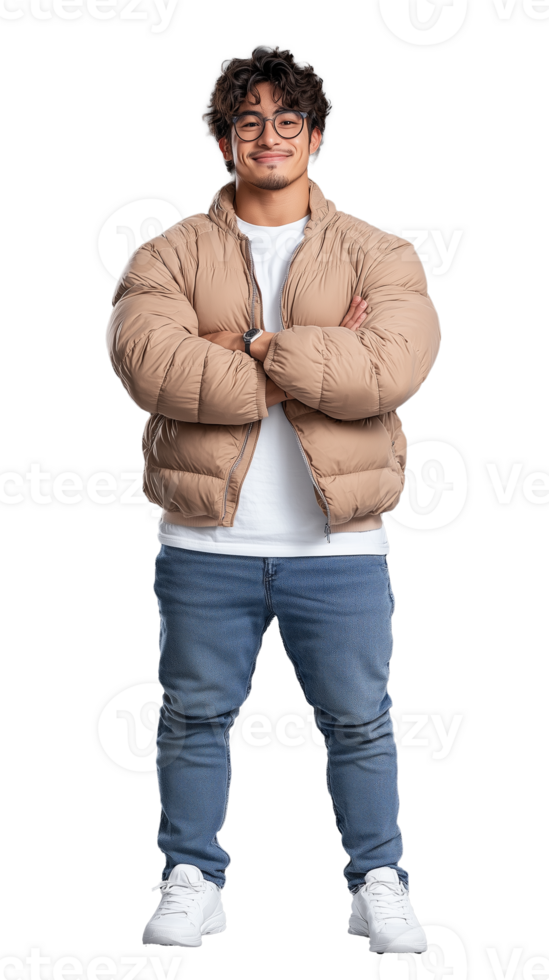 Casual young man in puffer jacket with glasses on transparent background png