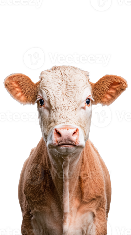 Portrait of a curious cow facing forward on transparent background png