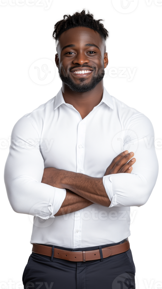 Confident businessman smiling with arms crossed on transparent background png
