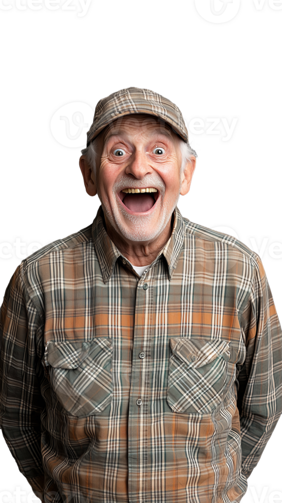 Elderly man expressing joy with wide smile on transparent background png
