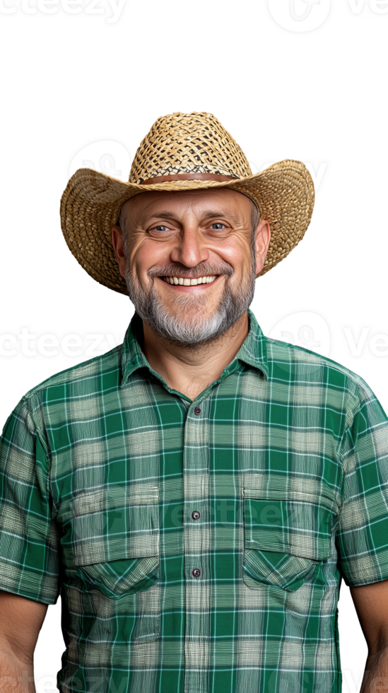 Smiling man in plaid shirt and straw hat on transparent background png