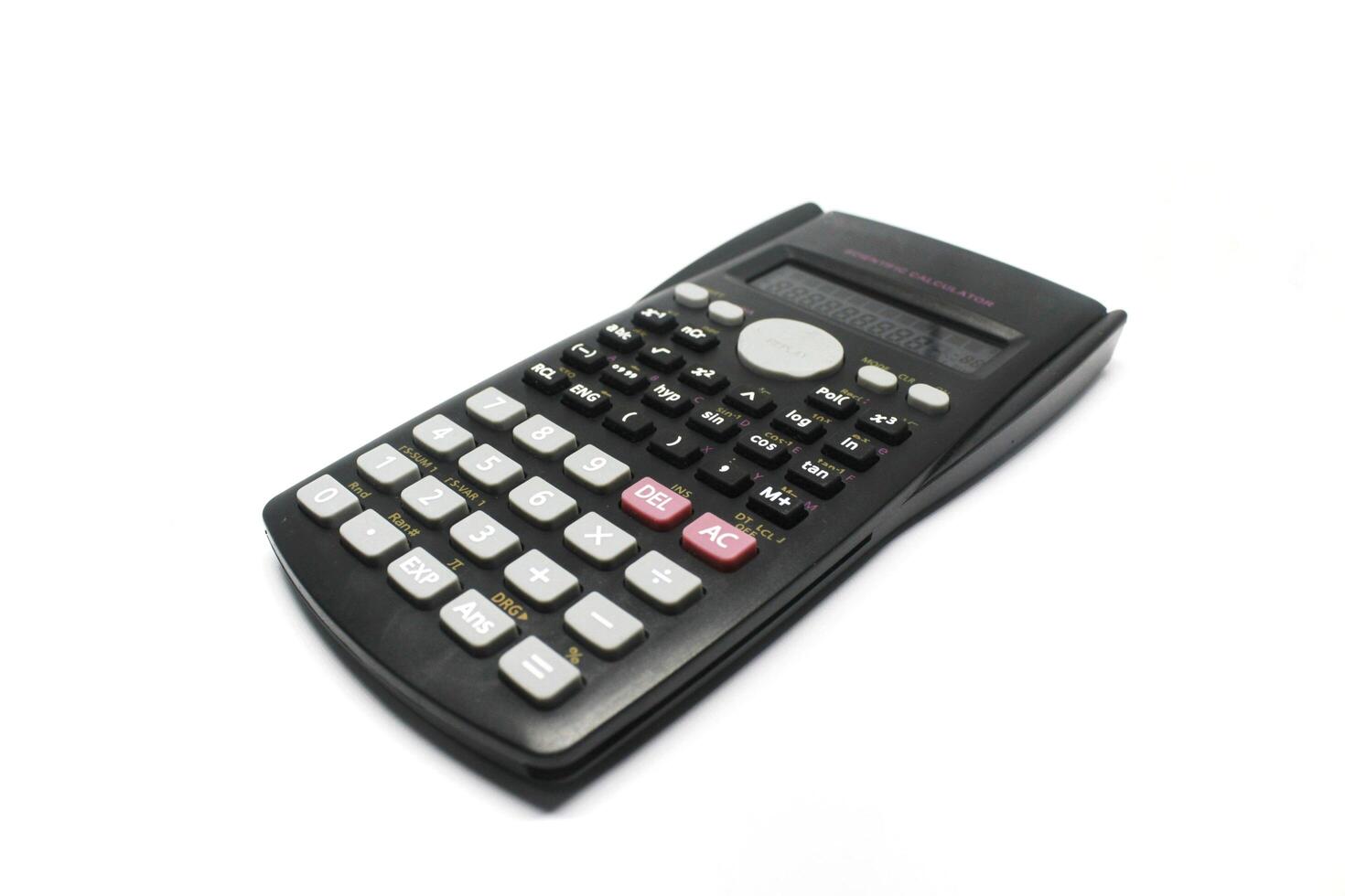 Close up of a scientific calculator with many buttons inside. photo