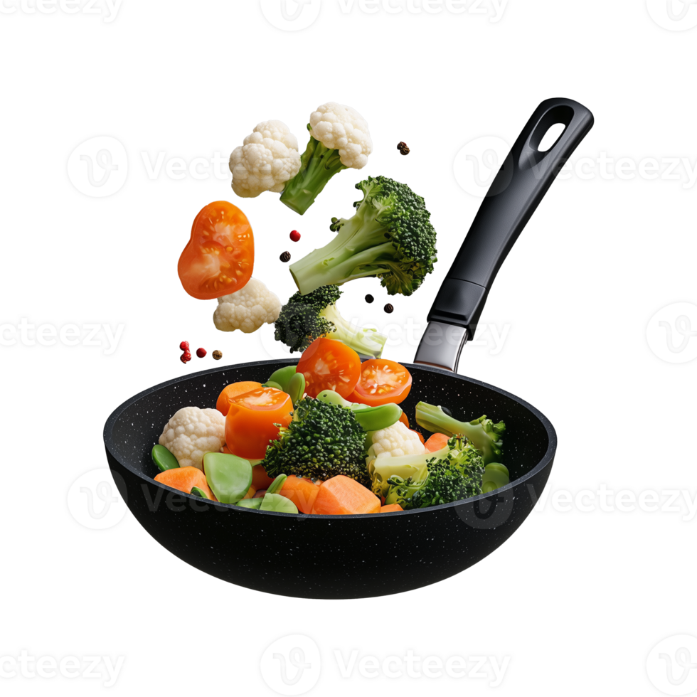 Fresh vegetables tossed in frying pan on transparent background png