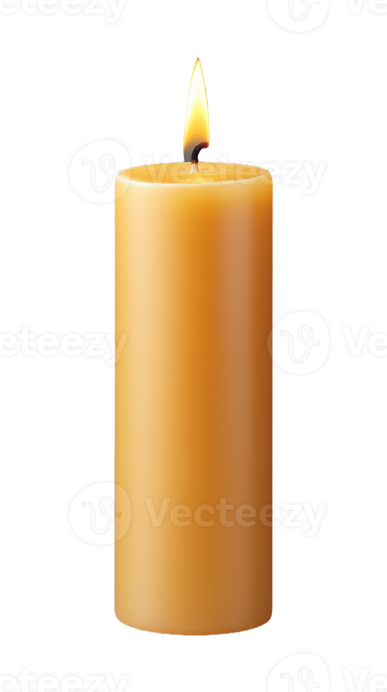 Lit yellow candle with bright flame on transparent background png