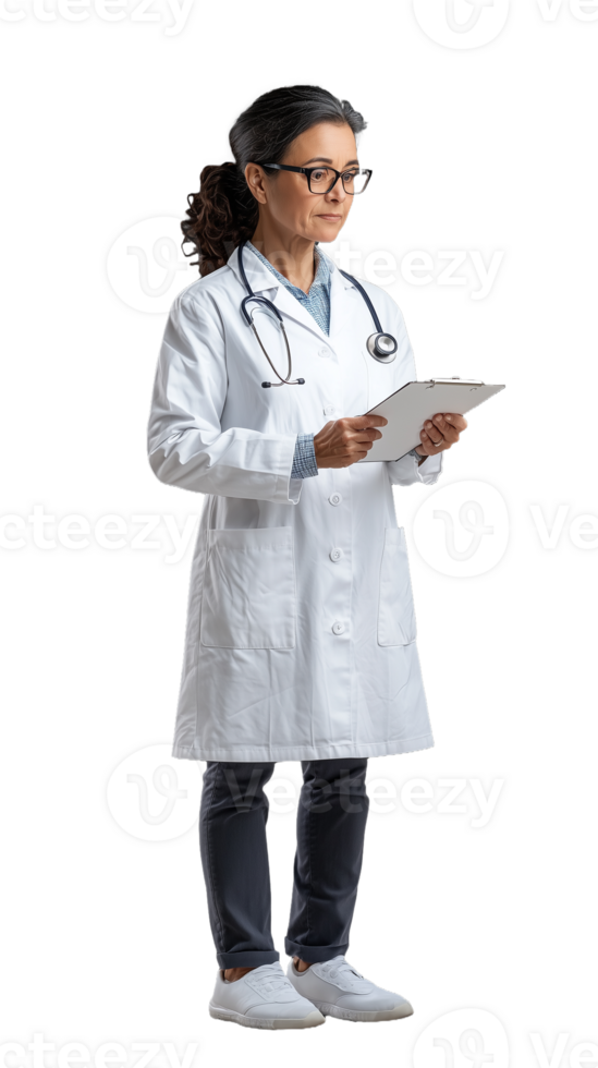 Female doctor holding clipboard in white coat on transparent background png