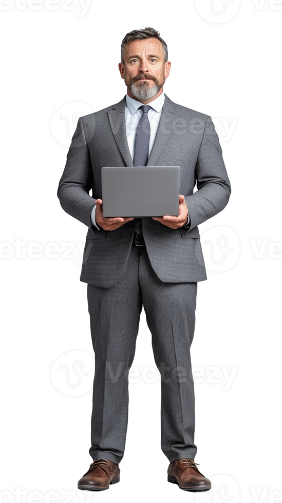 Businessman holding laptop in formal suit on transparent background png