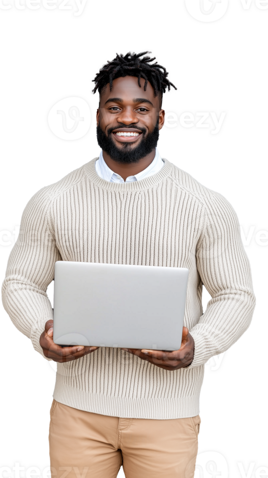 Smiling man holding laptop in casual attire on transparent background png