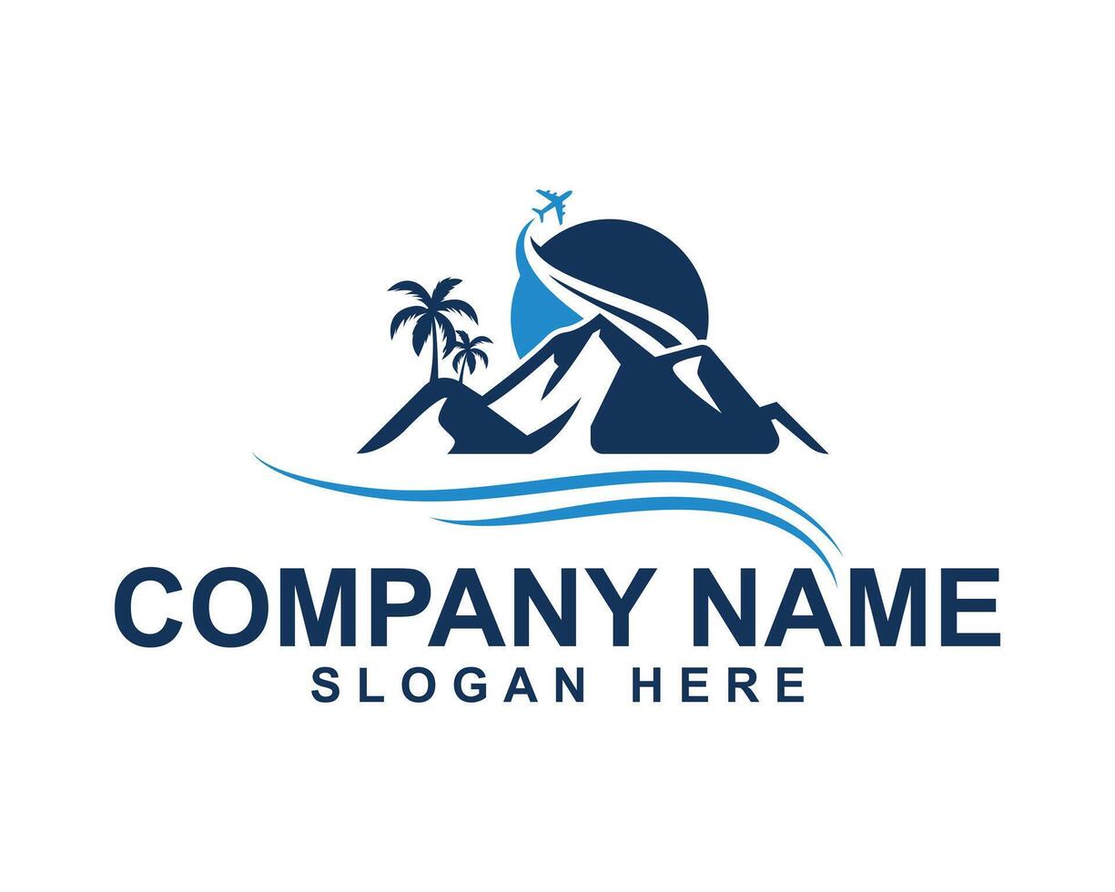 Travel Agency Logo Design with Palm Tree and Mountain vector