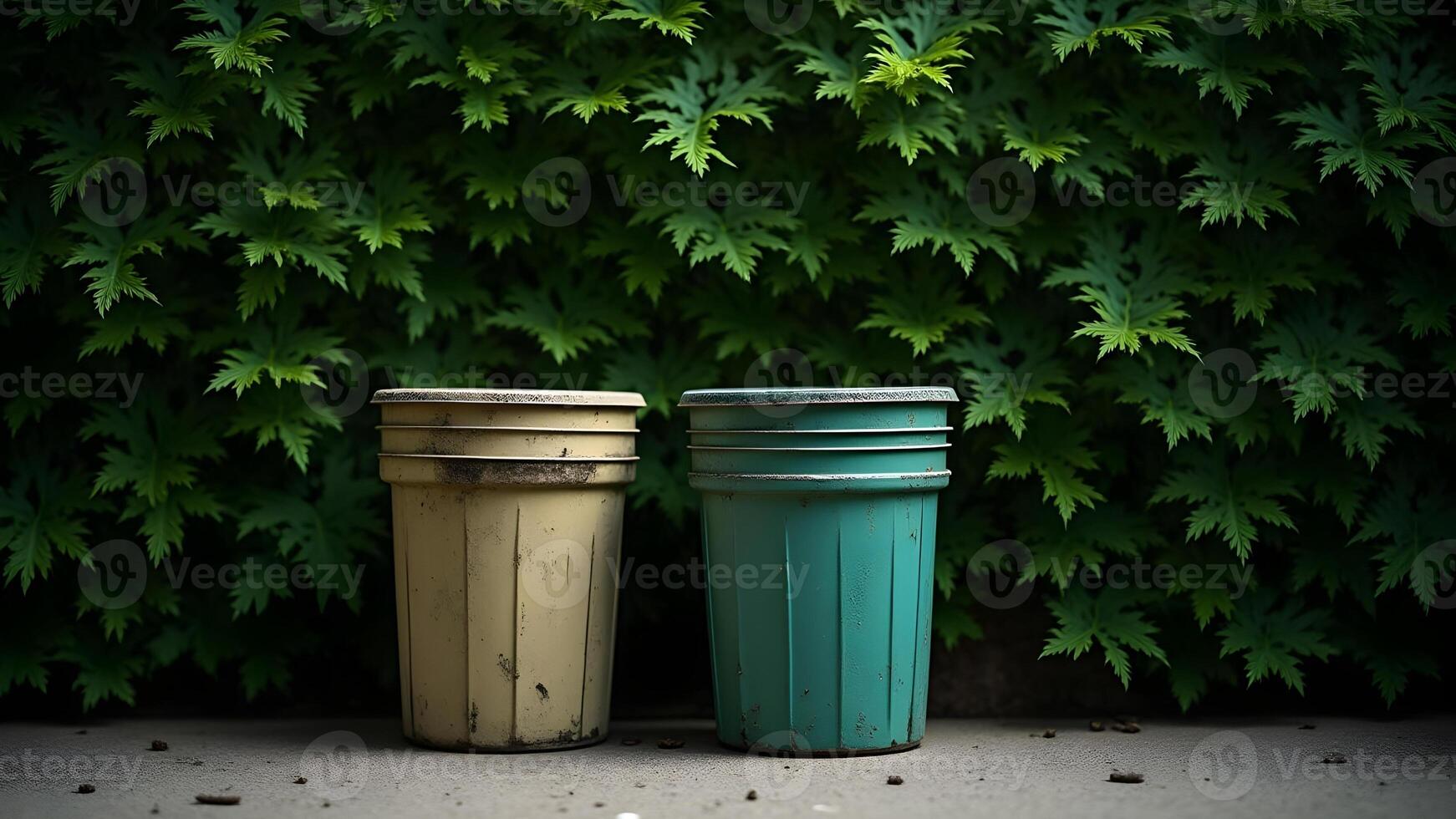 Two trash and recycling bins against a green backdrop photo