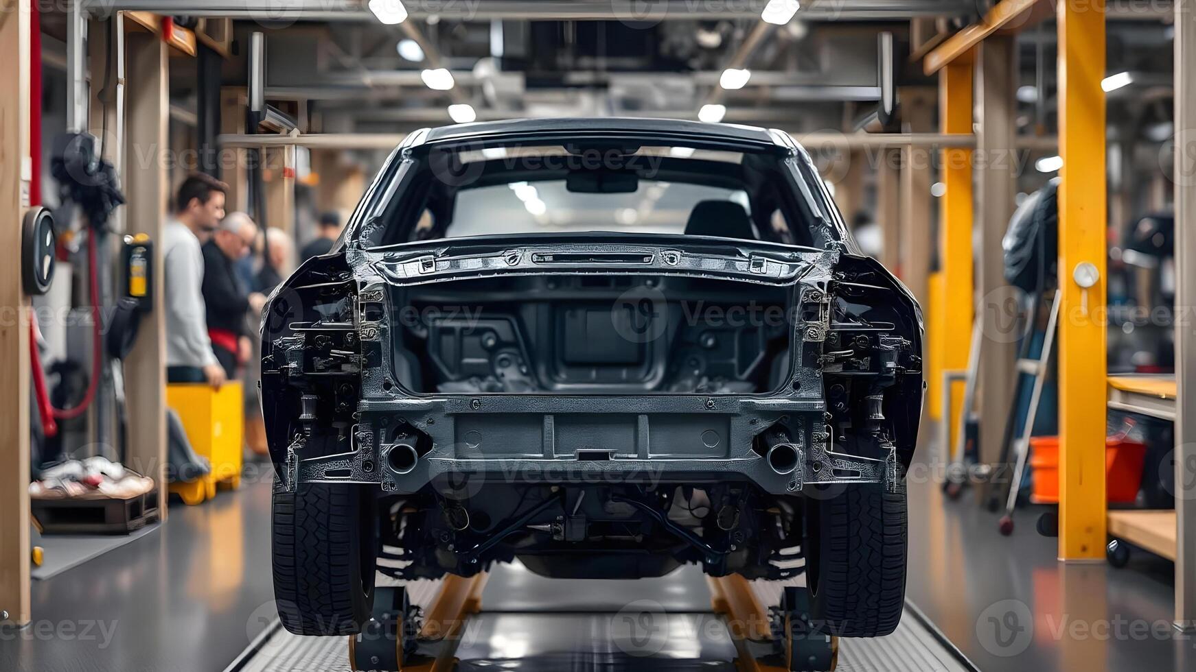 A car undergoing assembly in a factory photo