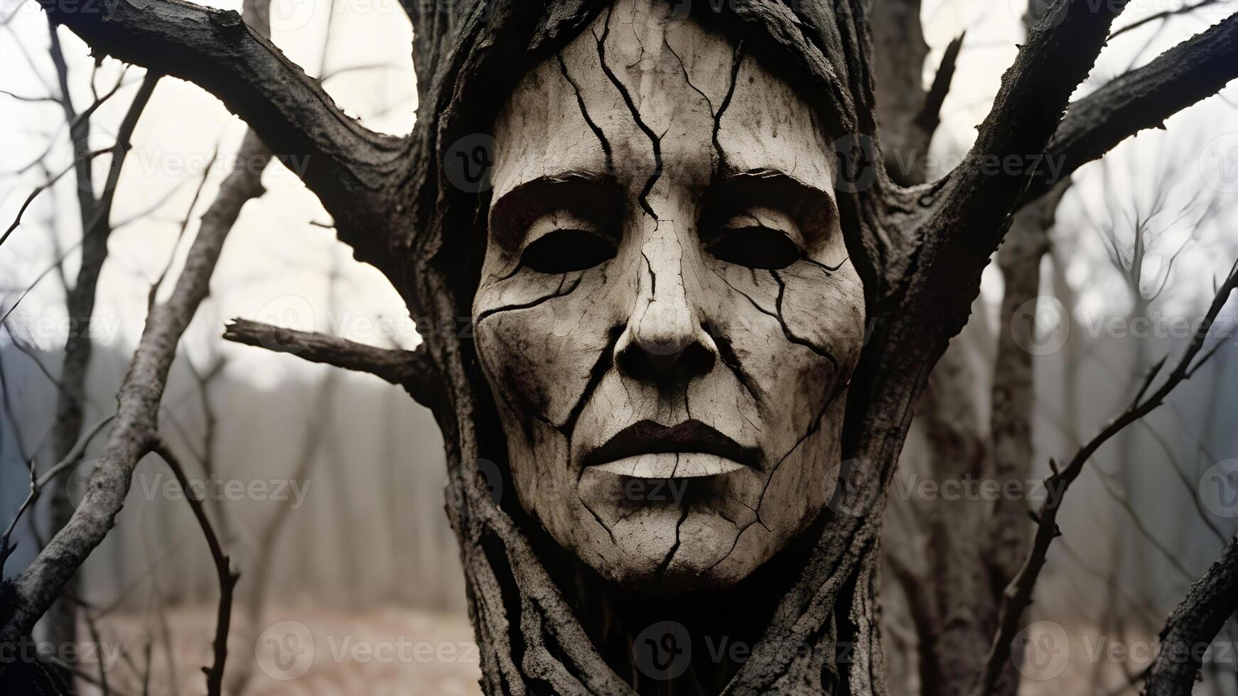 Ancient Forest Spirit, A Carved Wooden Face Emerging from a Tree photo