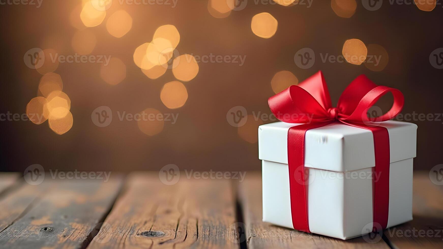A Festive Gift Box on Wooden Table with a Bokeh Background photo