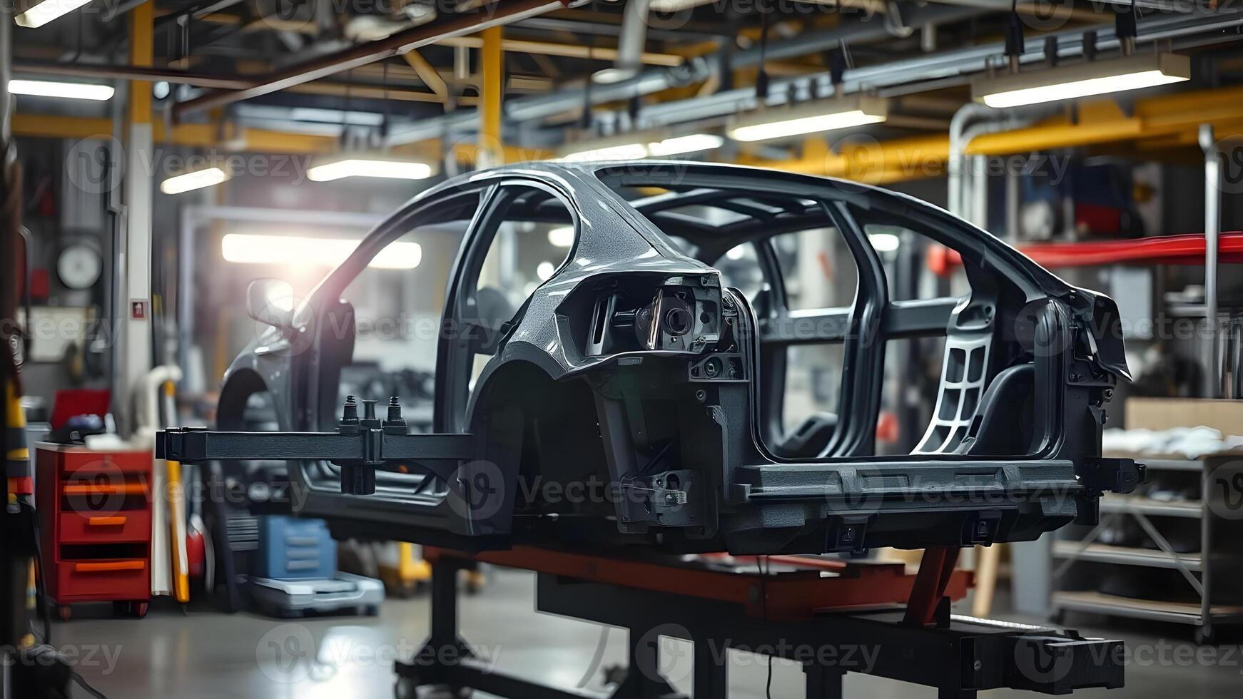 Car frame on an assembly line in a factory photo
