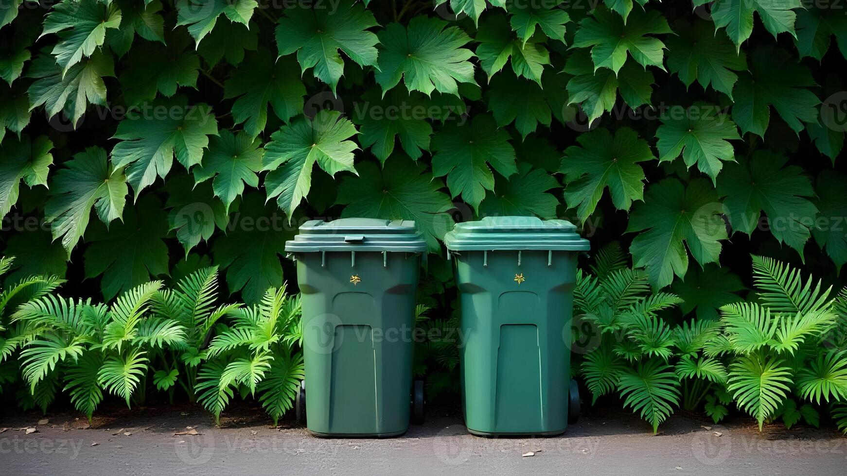 Two trash and recycling bins against a green backdrop photo