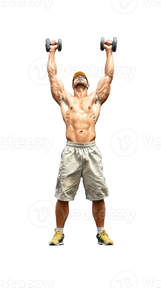 Muscular Man Lifting Dumbbells Overhead on Transparent Background png