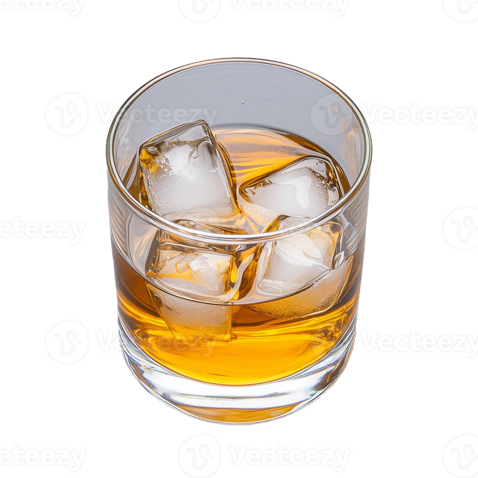 Glass of whiskey with ice cubes on transparent background png