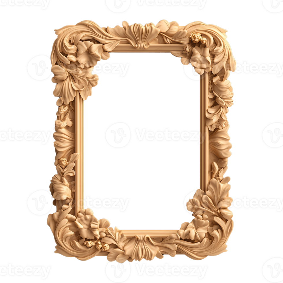 Ornate Wooden Picture Frame with Floral Carvings on Transparent Background png