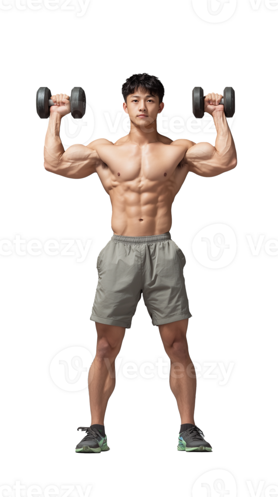 Muscular Man Lifting Dumbbells in Fitness Pose on Transparent Background png