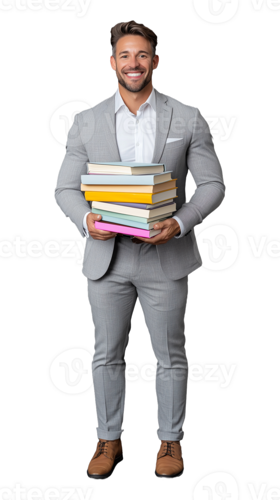 Professional Man Holding Stack of Books on Transparent Background png