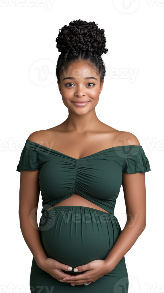 Smiling Pregnant Woman in Green Dress on Transparent Background png