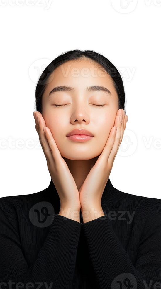 Serene woman with closed eyes and hands on face png