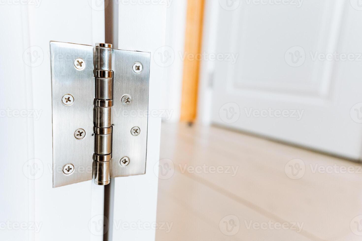 Closeup of a stainless steel door hinge on a white door photo