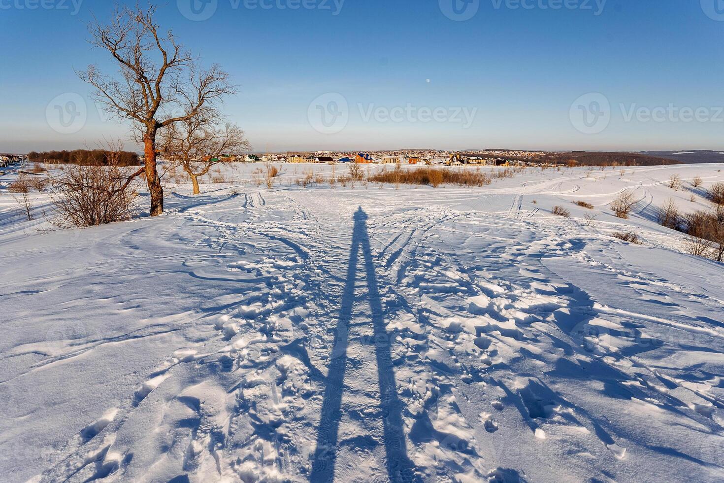 A persons shadow stretches across a snowy path under the sunlight photo
