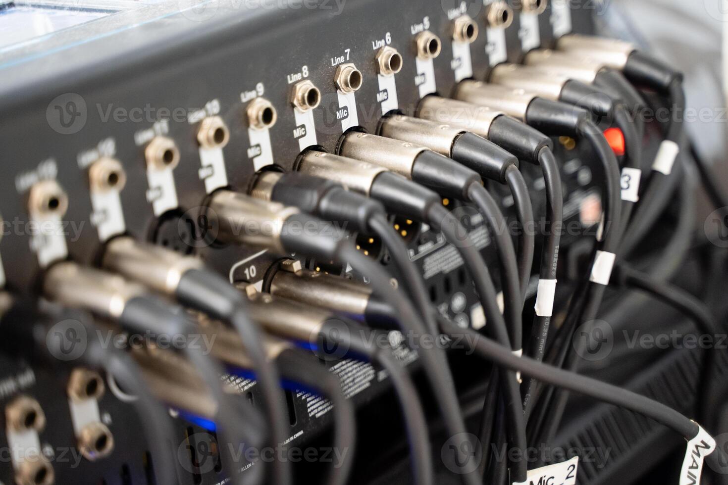 A detailed closeup view of audio equipment featuring numerous cables and various connectors intricately displayed for examination photo