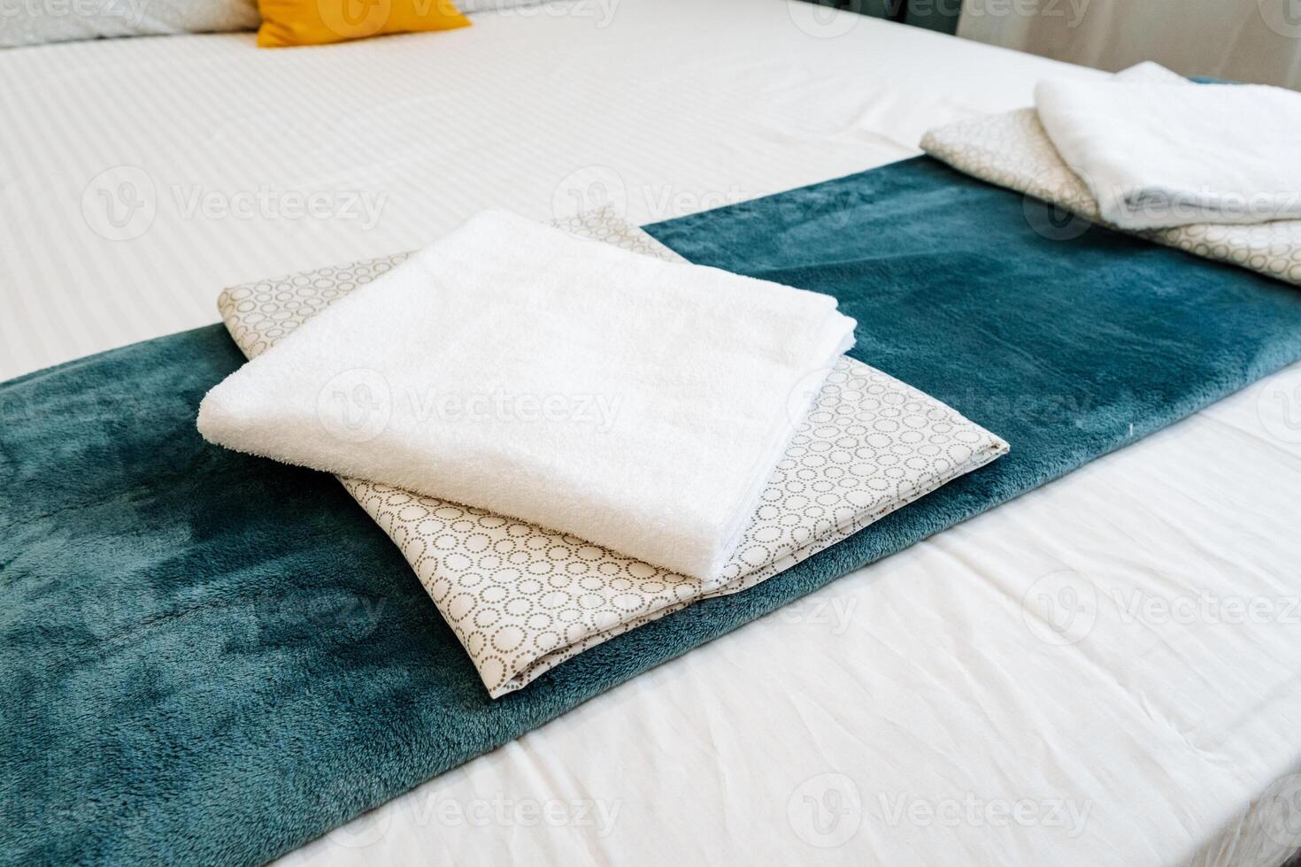 A dish with food ingredients on a rectangle bed with blue blanket and linens photo