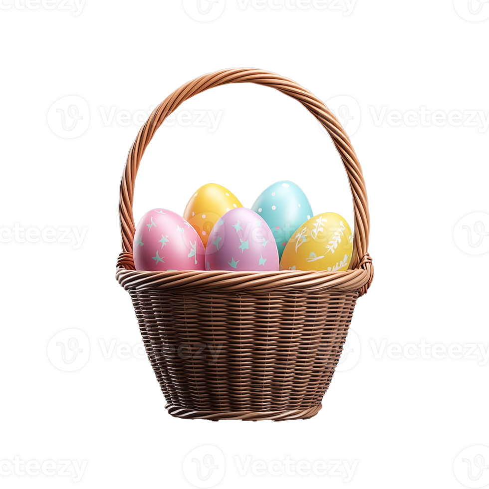 Colorful easter eggs in a woven basket with patterns png