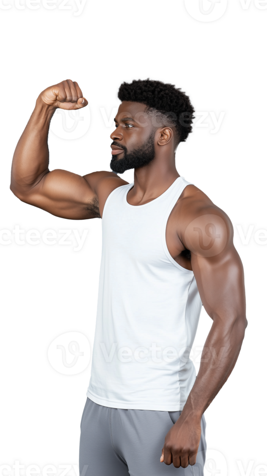 Strong man flexing muscles in white tank top pose png