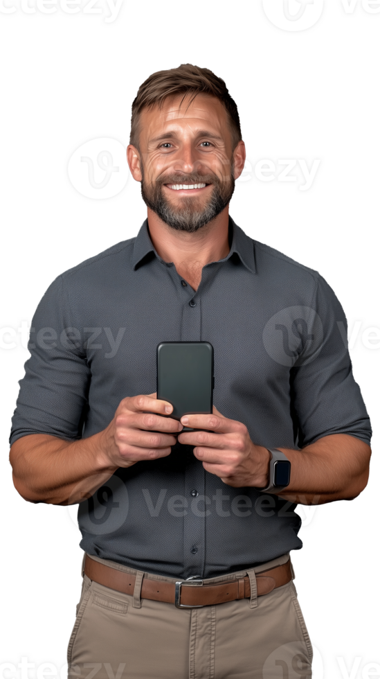 Smiling man holding smartphone with transparent background png