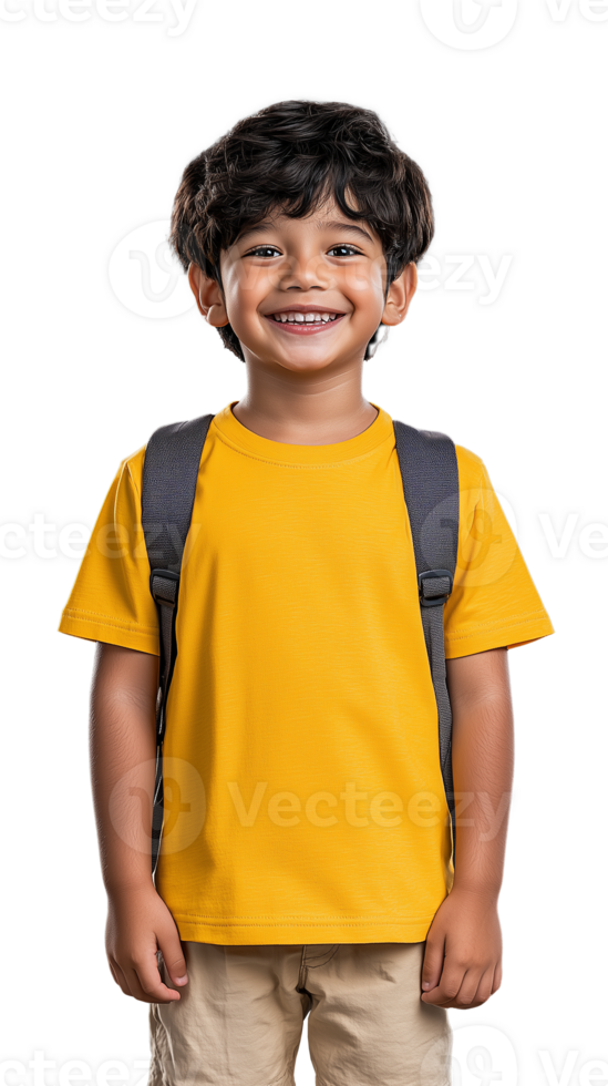 Smiling young boy wearing yellow shirt and backpack png