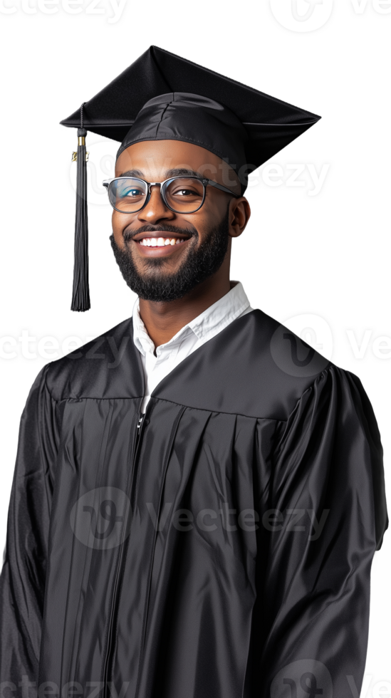Smiling graduate in cap and gown on transparent background png