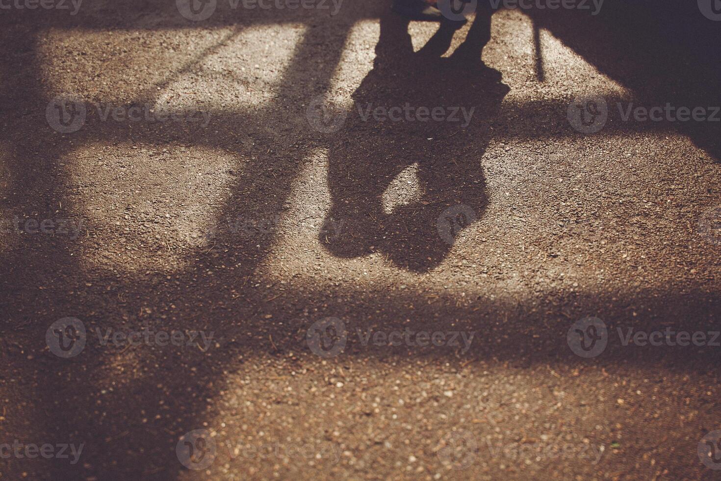 A persons shadow falls on the wooden floor, creating tints and shades photo