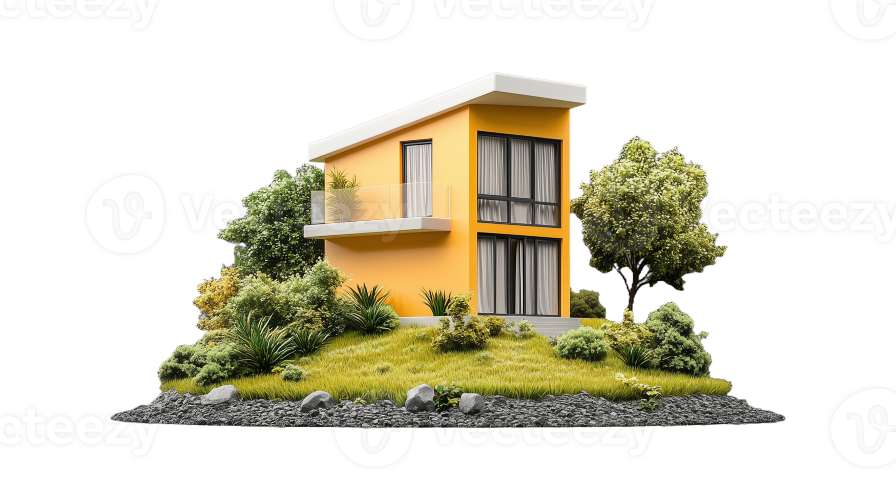 Modern Yellow House with Lush Landscaping png