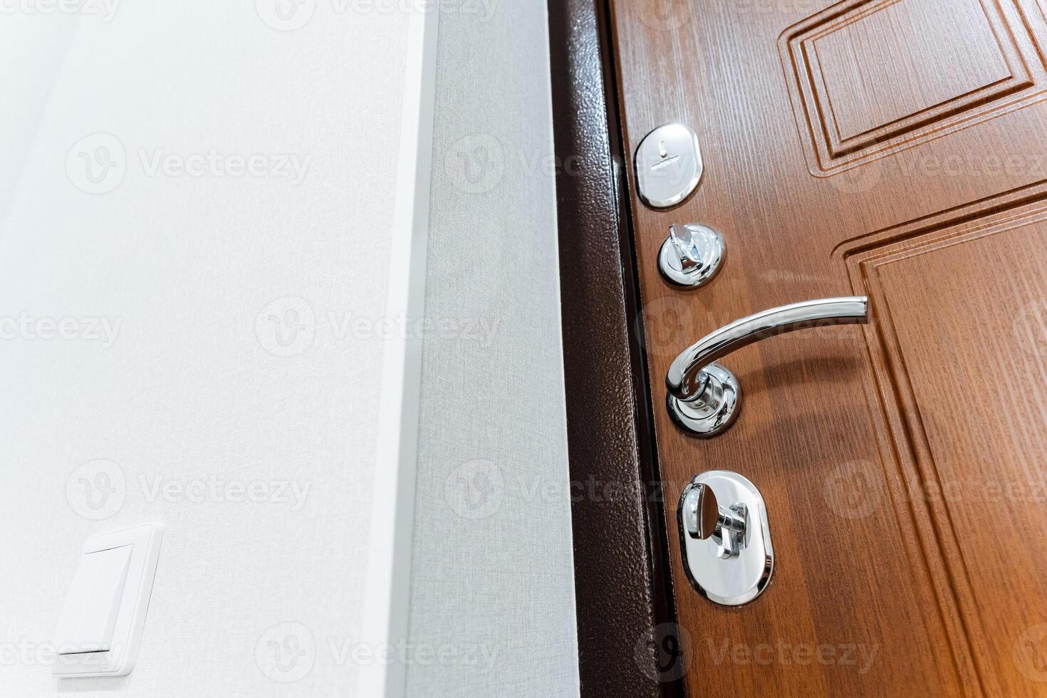 Front door with locks, metal handle, chrome door elements, closed door to the apartment. photo