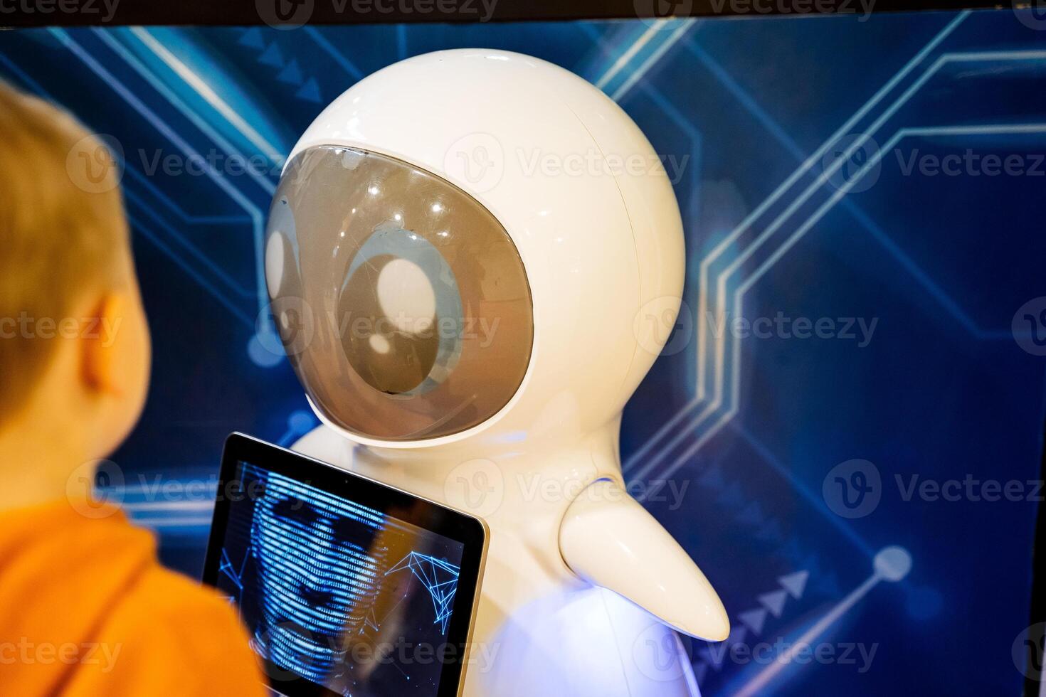 A child looking at a robot on a computer screen photo